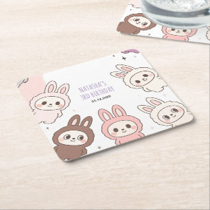 Fluffy Pastel Bunny Trending Birthday Square Paper Coaster