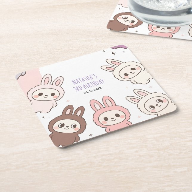 Fluffy Pastel Bunny Trending Birthday Square Paper Coaster (Angled)