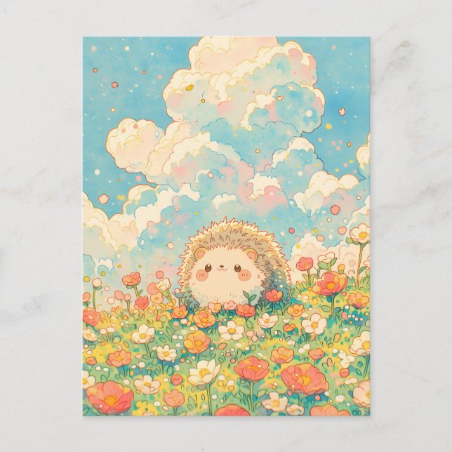 Fluffy Peach Cloud Kawaii Hedgehog Meadow Postcard (Front)