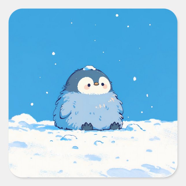 Fluffy Penguin Sitting in Winter Snow Square Sticker (Front)