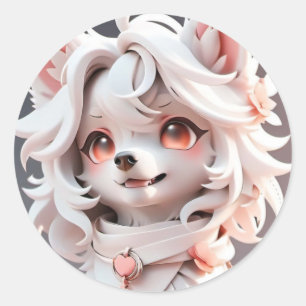 Fluffy Pink And White Puppy Classic Round Sticker