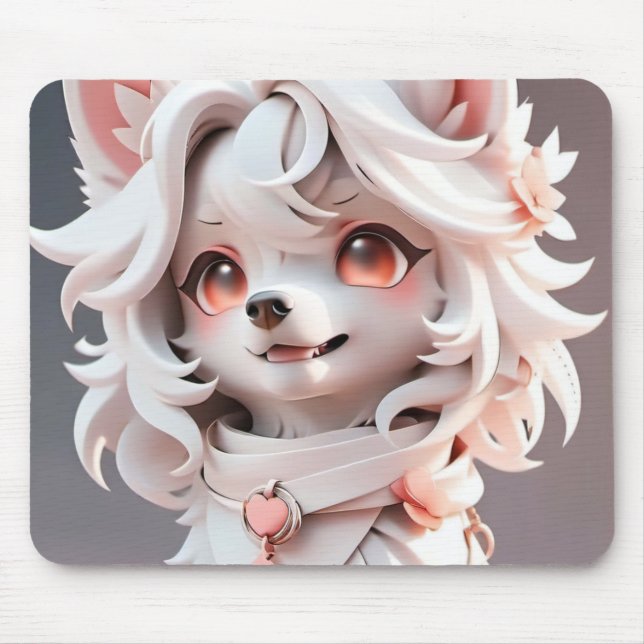 Fluffy Pink And White Puppy Mouse Mat (Front)