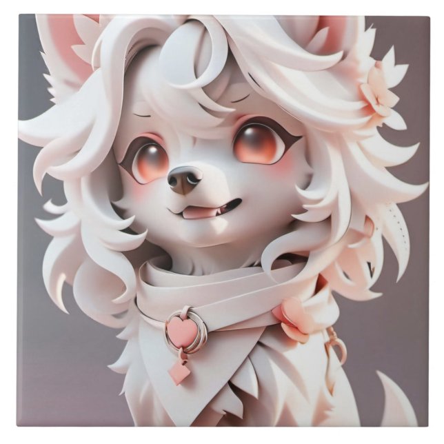 Fluffy Pink And White Puppy Tile (Front)