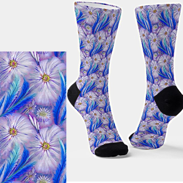 Fluffy Pink Flowers & Blue Feathers Socks (Creator Uploaded)