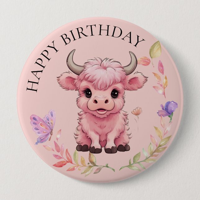 Fluffy Pink Highlands Scottish Cow 10 Cm Round Badge (Front)