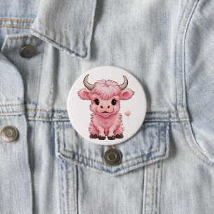 Fluffy Pink Highlands Scottish Cow 7.5 Cm Round Badge