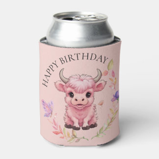 Fluffy Pink Highlands Scottish Cow Can Cooler