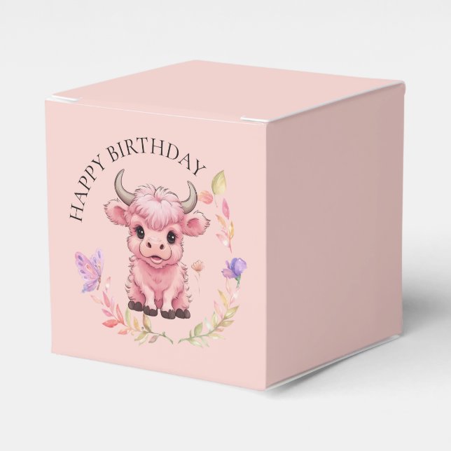 Fluffy Pink Highlands Scottish Cow Favour Box (Front Side)