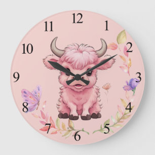 Fluffy Pink Highlands Scottish Cow Large Clock