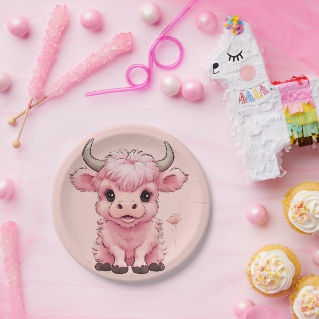 Fluffy Pink Highlands Scottish Cow Paper Plate (Party)