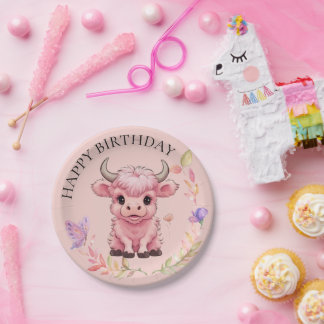 Fluffy Pink Highlands Scottish Cow Paper Plate