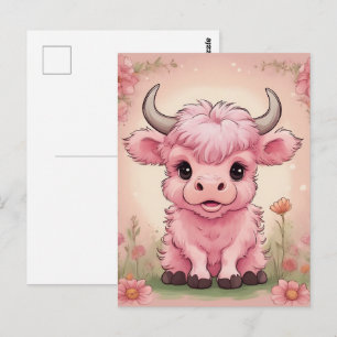 Fluffy Pink Highlands Scottish Cow Postcard