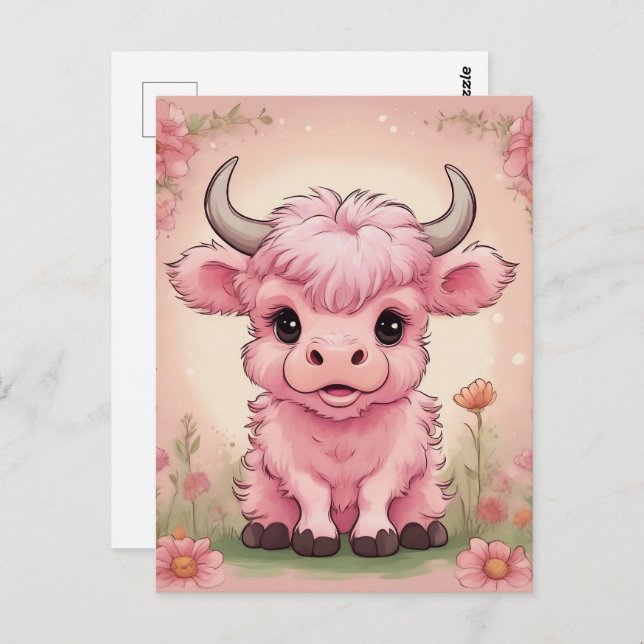 Fluffy Pink Highlands Scottish Cow Postcard (Front/Back)
