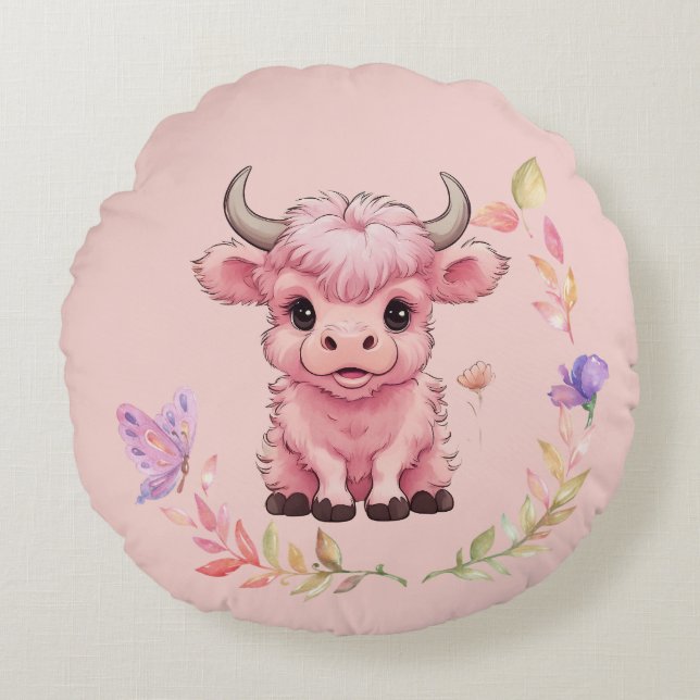 Fluffy Pink Highlands Scottish Cow Round Cushion (Front)