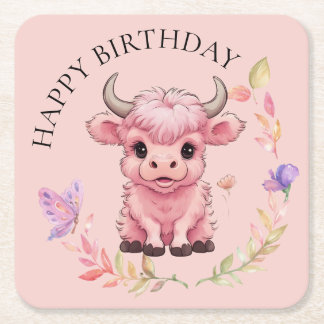 Fluffy Pink Highlands Scottish Cow Square Paper Coaster