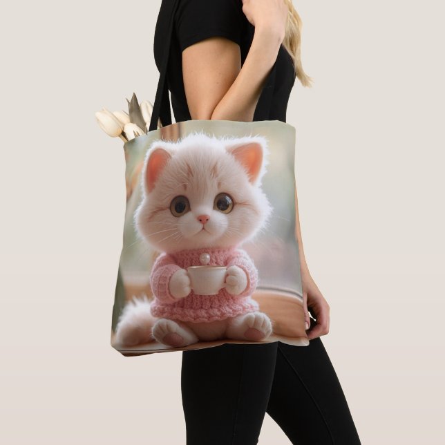 Fluffy Pink Kitten Drinking Tea Cat with Sweater Tote Bag (Close Up)