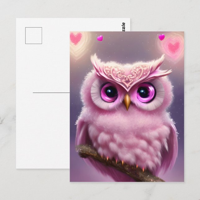 Fluffy Pink Owl with Hearts Postcard (Front/Back)