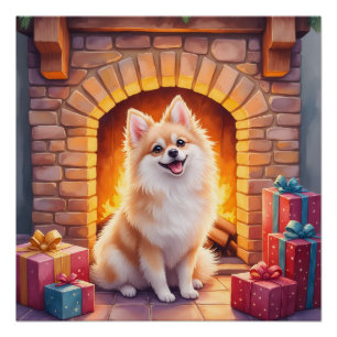 Fluffy Pomeranian Cozy Christmas Fireplace Dog Art Poster