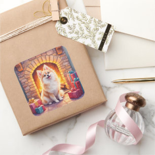 Fluffy Pomeranian Cozy Christmas Fireplace Dog Art Square Sticker