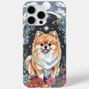 Fluffy Pomeranian Surrounded by Colourful Floral  iPhone 15 Pro Max Case