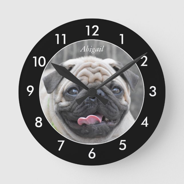 Fluffy Pug Dog Personalised Black Border Round Clock (Front)