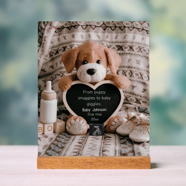 Fluffy Puppy Baby boy and pregnancy announcement Acrylic Sign (Neutral)