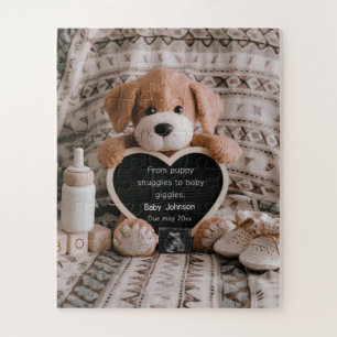 Fluffy Puppy dog lovers pregnancy announcement Jigsaw Puzzle