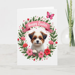 Fluffy Puppy Floral Birthday Card