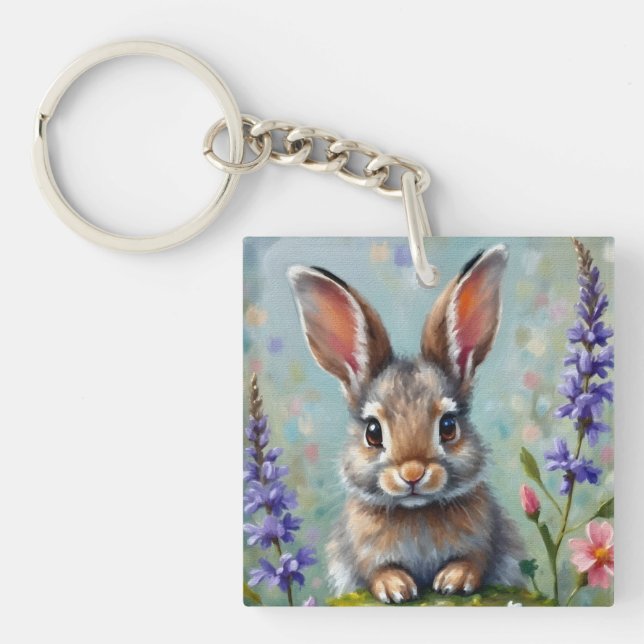 Fluffy Rabbit in a Field of Flowers Key Ring (Front)
