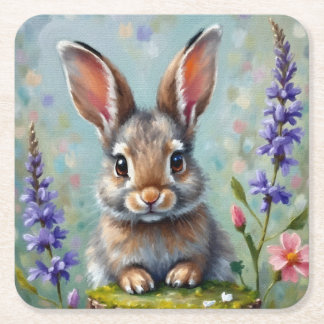 Fluffy Rabbit in a Field of Flowers Square Paper Coaster
