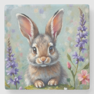 Fluffy Rabbit in a Field of Flowers Stone Coaster