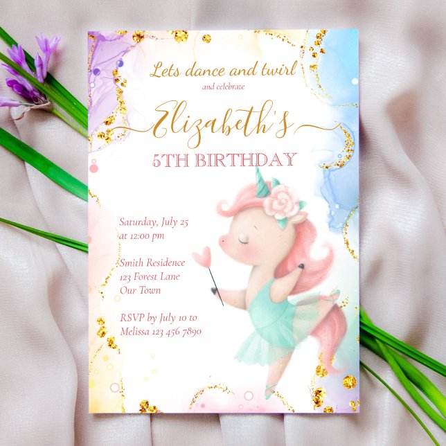 Fluffy rainbow unicorn ballerina birthday party invitation (Creator Uploaded)