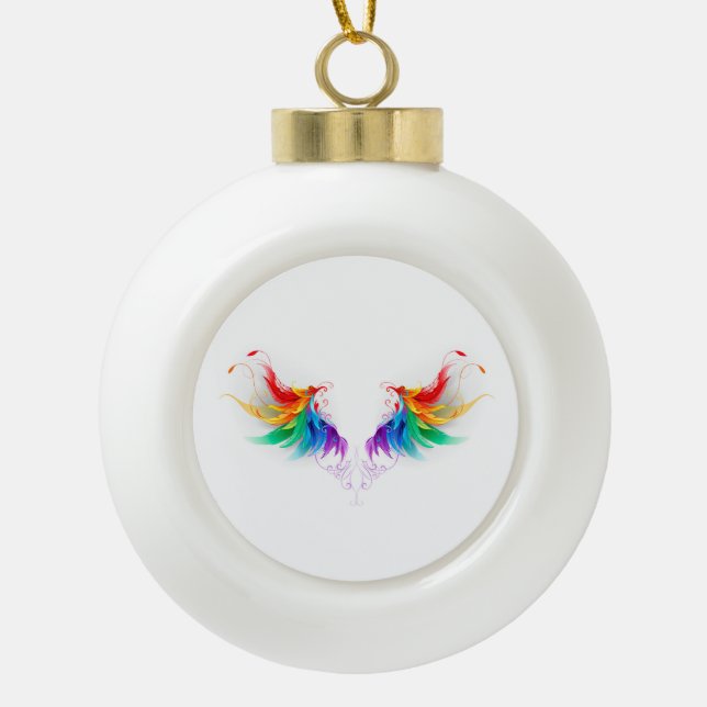 Fluffy Rainbow Wings Ceramic Ball Christmas Ornament (Front)
