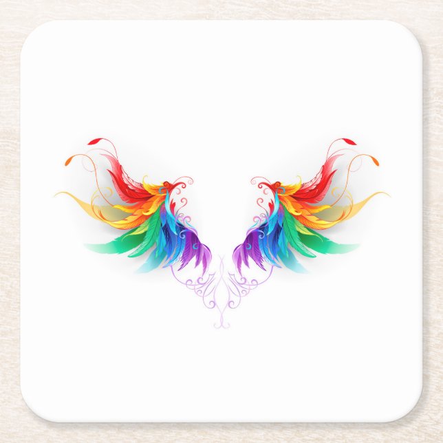 Fluffy Rainbow Wings Square Paper Coaster (Front)