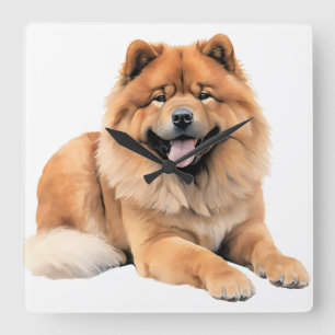 FLUFFY RED CHOW CHOW DOG SQUARE WALL CLOCK