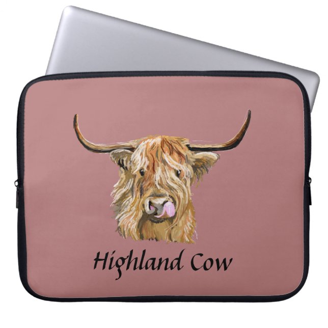 Fluffy Red Highland Cow Original Digital Art Laptop Sleeve (Front)