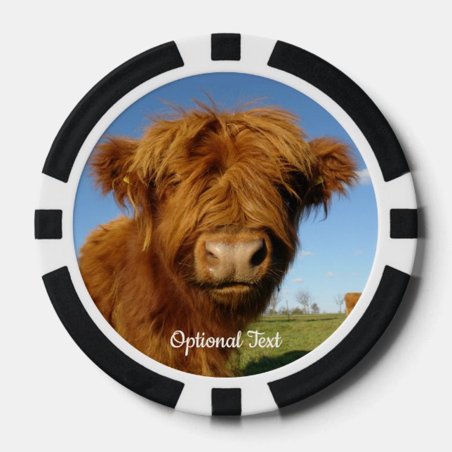Fluffy Scottish Highland Cow - Blue Sky Poker Chips (Front)