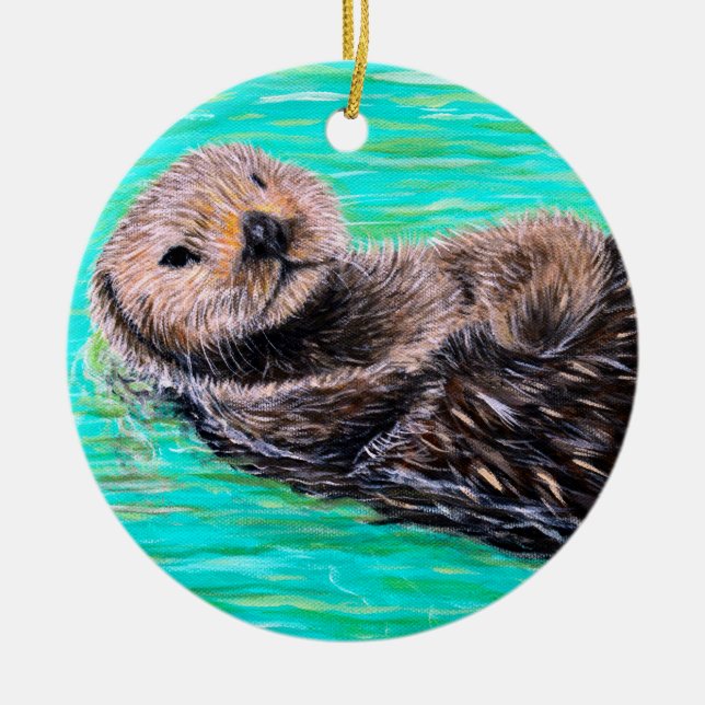 Fluffy Sea Otter Painting Ceramic Tree Decoration (Front)