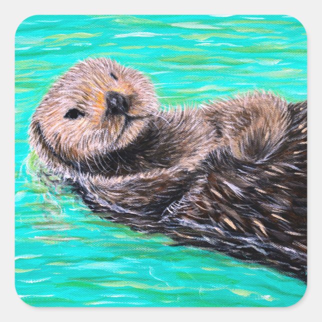 Fluffy Sea Otter Painting Square Sticker (Front)
