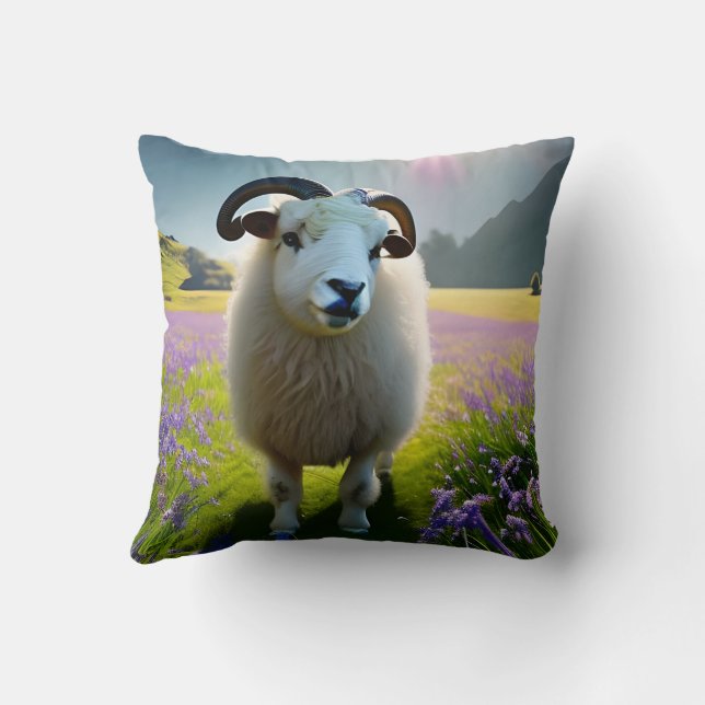 Fluffy Sheep field of purple flowers  Cushion (Back)