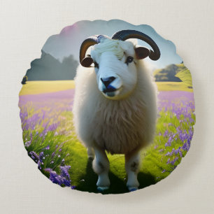 Fluffy Sheep field of purple flowers  Round Cushion