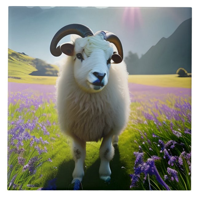 Fluffy Sheep field of purple flowers  Tile (Front)