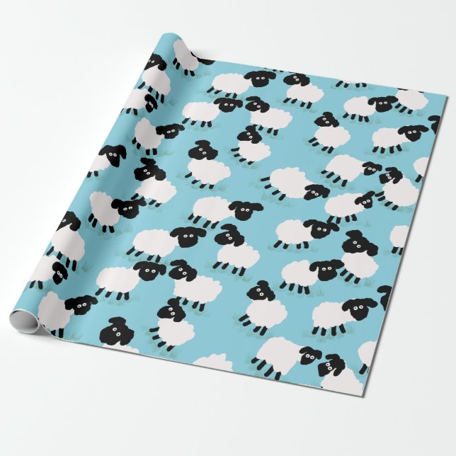 Fluffy Sheep on Baby Blue Wrapping Paper (Unrolled)