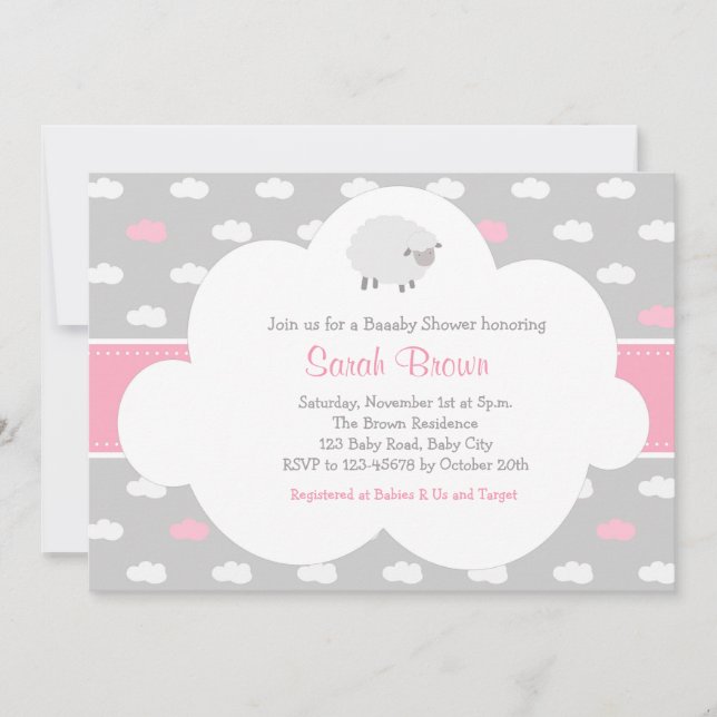 Fluffy Sheep with Cloud Invitation (Grey Pink) (Front)