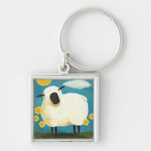 Fluffy Sheep & Yellow Flowers Keychain
