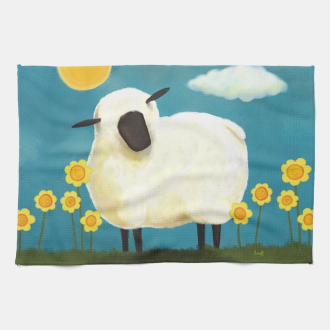 Fluffy Sheep & Yellow Flowers Tea Towel (Horizontal)