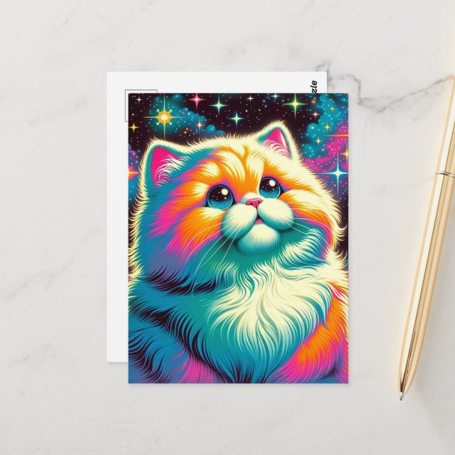 Fluffy Space Cat Postcard (Front/Back In Situ)