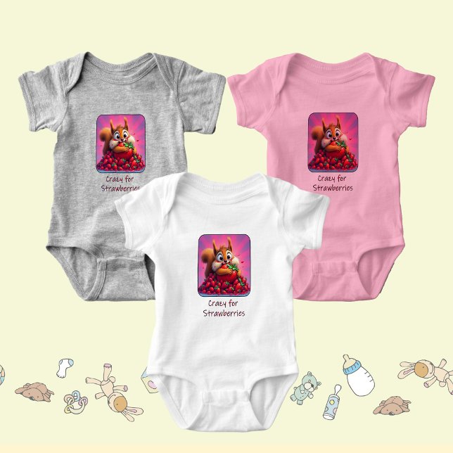 Fluffy Squirrel “Crazy for Strawberries”, funny  Baby Bodysuit (Creator Uploaded)