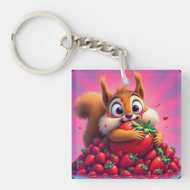 Fluffy Squirrel “Crazy for Strawberries”, funny  Key Ring (Front)