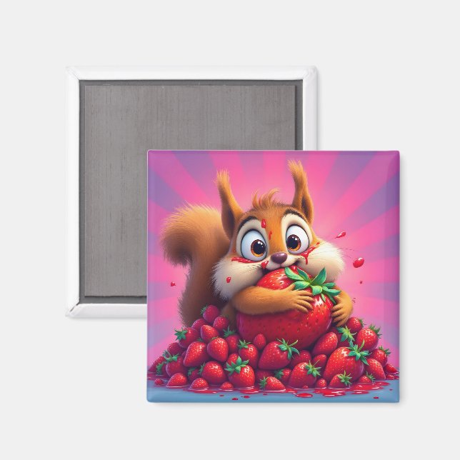Fluffy Squirrel “Crazy for Strawberries”, funny  Magnet (Front/Back)